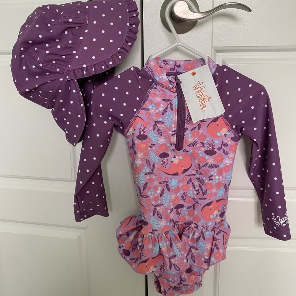 NWT UV Skinz girls long sleeve bathing suit with matching hat
